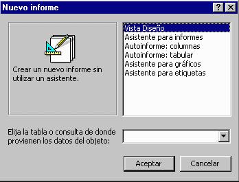 Ventana Asistente para informes, seleccionando tabla y campos